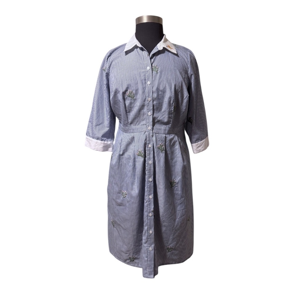 NWOT ModCloth Cactus Embroidered Striped Shirt Dress Size 16 Retro Rockabilly - Picture 2 of 11